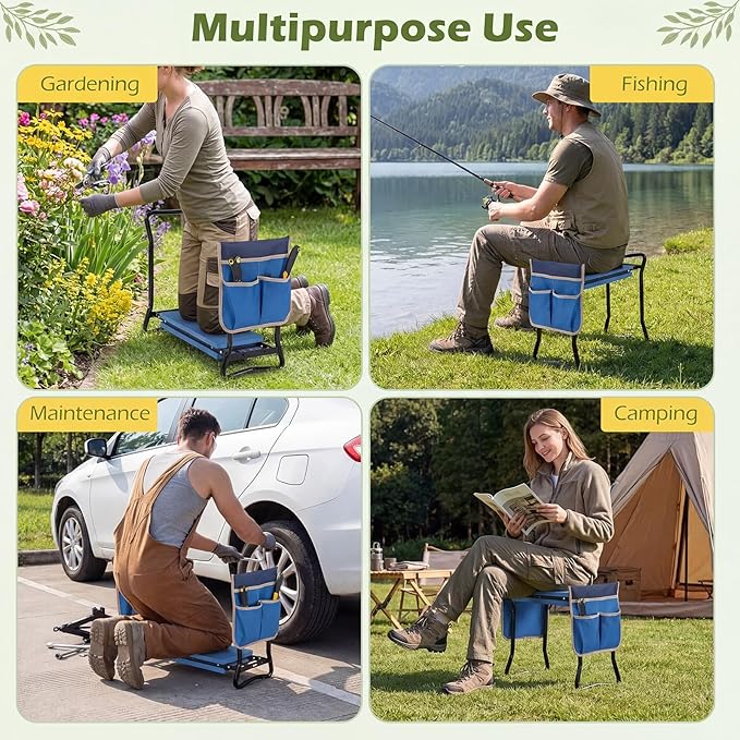 Goplus Garden Kneeler and Seat Heavy-Duty Garden Bench w/Large Tool Pouch Widen EVA Foam Kneeling Pad Portable Gardening Helper for Women Men Seniors Foldable Garden Stool for Kneeling &amp Sitti