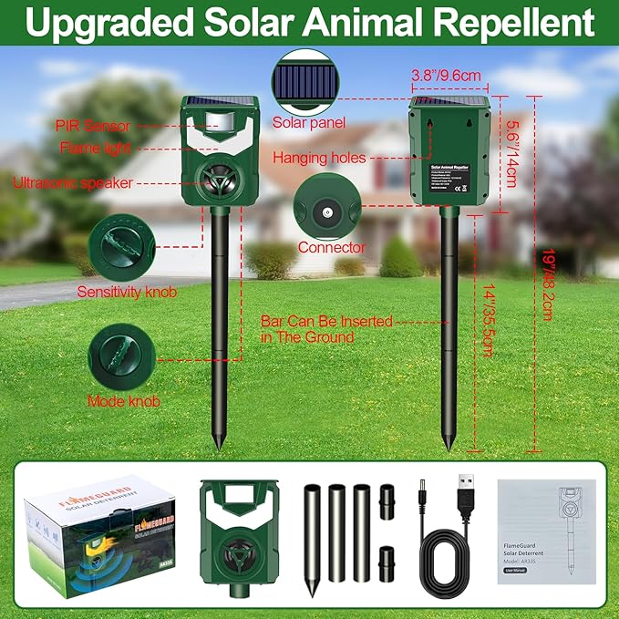 Ultrasonic Animal RepellersSolar Cat Repellent Outdoor with Flaming Eye AlarmWaterproof Raccoon Repellent with Motion Detection for Farm Yard Garden Repelling Dog Rabbit SkunkSquirrel