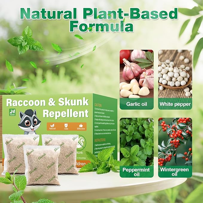 24 Pack Natural Skunk Pouches Skunk Raccoon Repellent Pouches for Outdoor Yard Garden House | Long-Lasting Protection | Safe for Dogs and Children