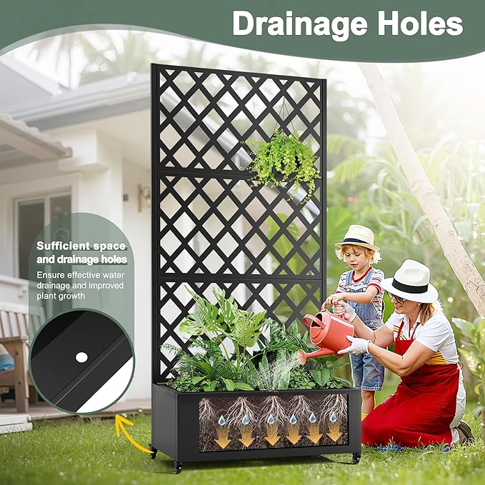 Metal Large Garden Bed with Trellis &amp Wheels Planter Box with Privacy Screen for Climbing Plants Privacy Planters for Patio 35 L Garden Boxes with Drainage Holes (Black Diamond)