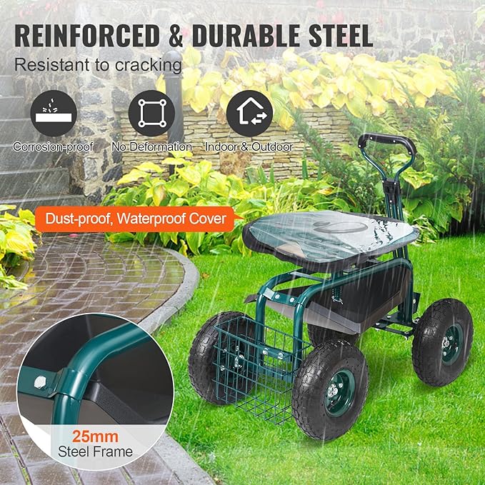 VEVOR Garden Cart Rolling Workseat with Wheels Gardening Stool for Planting 360 Degree Swivel Seat Wagon Scooter with Steering Handle &amp Utility Tool Tray Use for Patio Yard and Outdoors Gre