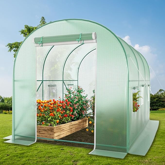 Walk-in Greenhouse 10x7x7 FT Heavy Duty Tunnel Green House for Outdoors Portable Green Houses for Outside Winter Hot House with Metal Frame &amp Roll-up Zipper Door Screen Windows
