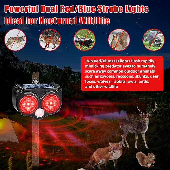 2026 Upgraded Predator Deterrent Lights 4-Pack Solar Nocturnal Animal Repeller Outdoor for Chicken Coop &amp Garden Red &amp Blue Flashing LED Predator Deterrent for Bear Bird Coyote Fox Racco