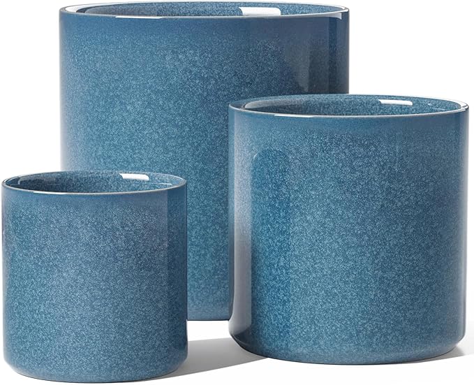 LE TAUCI Ceramic Pots for Plants 10/8/6 Inch Indoor Planters with Draiange Hole Silicone Plug &amp Mesh Pad Modern Minimalist Pots for Home Office Set of 3 Glossy Harbor Blue