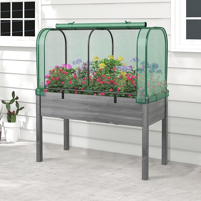Raised Garden Bed with Greenhouse Waterproof Sun-Protective Green House with Roll-Up Door &amp Electroplated Metal Frame Pine Wood Elevated Planter Box with Drainage Holes (Green+Gray)