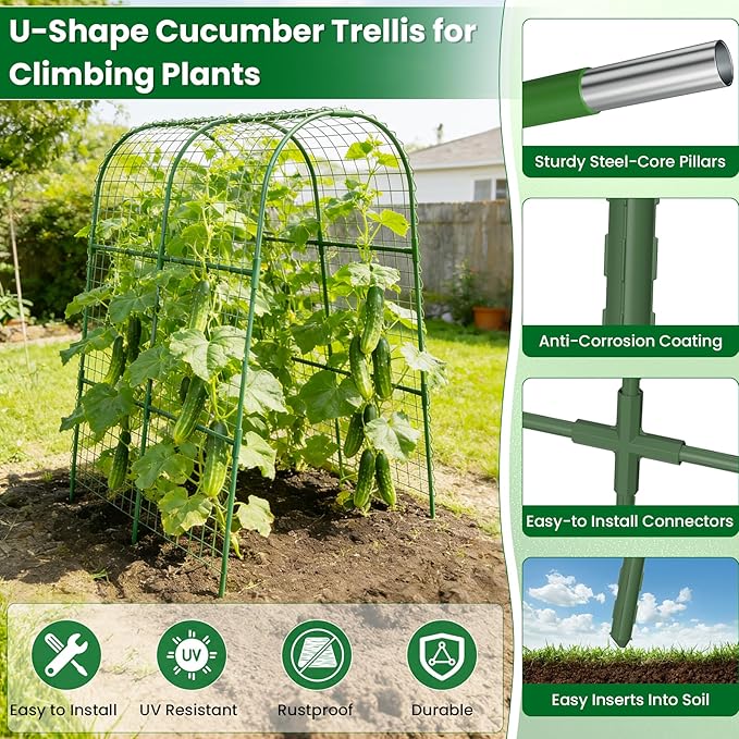 Cucumber Trellis for Raised Bed 32 L x 48 H U-Shape Garden Trellis for Climbing Plants Outdoor Metal Arch Trellis for Vegetables Plant Support for Tomato Pea Zucchini Grape Flowers