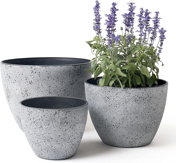LA JOLIE MUSE 14.2/11.3/8.6 Inch PlantersSet of 3 Indoor/Outdoor Round PlantersGrey Tree PlantersPlant Container with Drain HolesFlower Pots for Patio and Deck