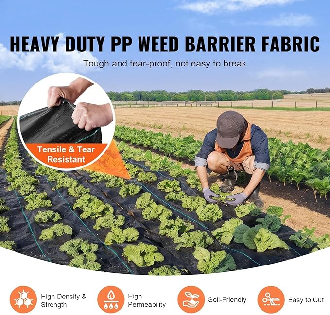 6.5 * 330FT Weed Barrier Landscape Fabric Heavy Duty Woven PP Ground Cover Weed Block Gardening Mat High Permeability for Weed Blocker Weed Mat Easy Setup Weed Control Black