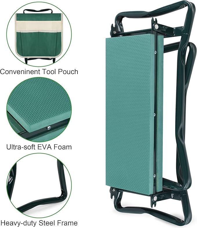 Kneeling Bench for Gardening Foldable Garden Kneeler Seat Heavy Duty Gardening Stool Kneeling Bench with Large Tool Pouch and Wider EVA Foam Kneeling Pad Gifts for Women Men Seniors Gardener