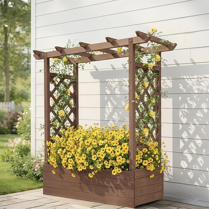Outvita Raised Garden Bed with Trellis Wood Planter Box with Hanging Roof Side Trellis and Drainage Holes Above Ground Elevated Garden Bed for Outdoor Climbing Plants Vegetables(Carbonized Color)