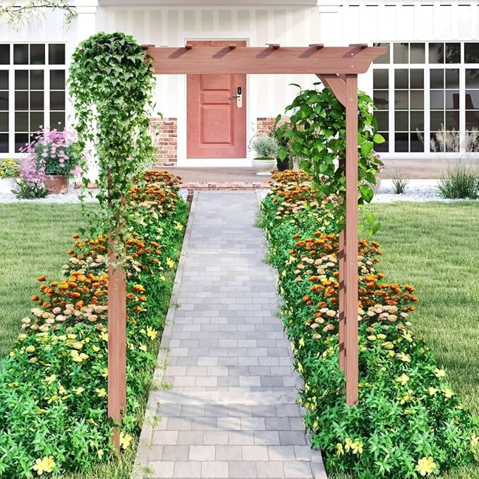 Wooden Garden Arbor Trellis Brown Fir Wood Outdoor Pergola Arch with Lattice Panels 85x63x26 Inch for Wedding Ceremony Plant Climbing Backyard Decor