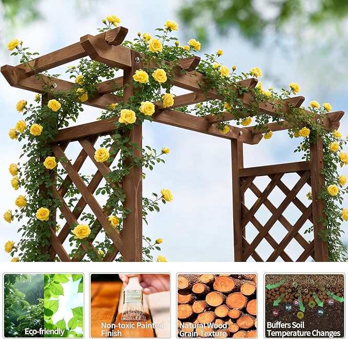 Outvita Raised Garden Bed with Trellis Wood Planter Box with Hanging Roof Side Trellis and Drainage Holes Above Ground Elevated Garden Bed for Outdoor Climbing Plants Vegetables(Carbonized Color)