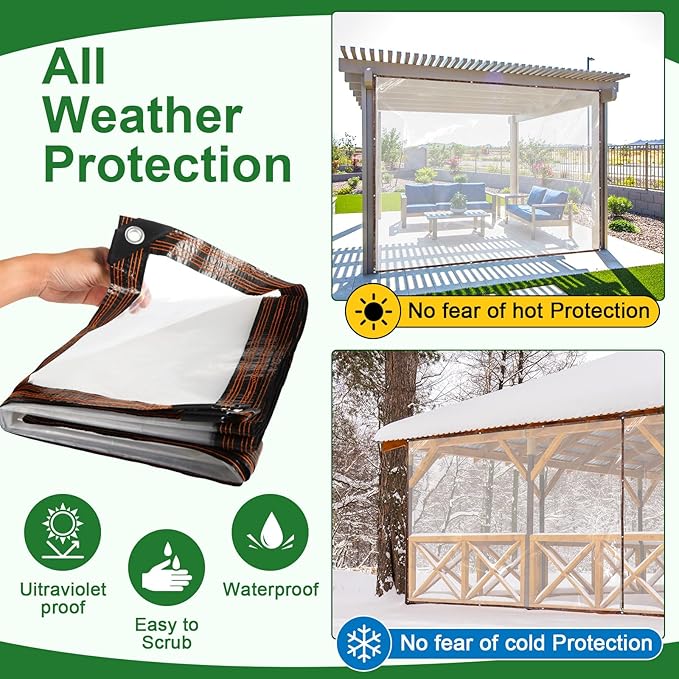 Windyun 2 Pack Heavy Duty Clear Tarps with Reinforced Edge Plastic Tarp Waterproof Plastic Cover Greenhouse Patio with Elastic Rope and Nylon Rope for Garden Furniture (10 x 10 ft)