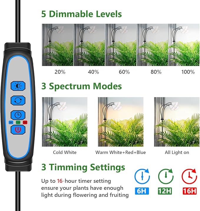 Wolezek Grow Lights for Indoor Plants with Stand 3-Head 78 LEDs Full Spectrum Floor Plant Grow Lamp for Large Plants Auto On/Off Timer 6/12/16H 5 Dimmable Levels Adjustable Height 16.5-61