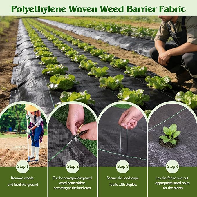 HongWay 4FT x 100FT Weed Barrier Landscape Fabric Weed Blocker Fabric Heavy Duty with 40 U-Shaped Staples Landscaping Weed Control Mats Ground Cover for Garden Beds Driveway Underlayment