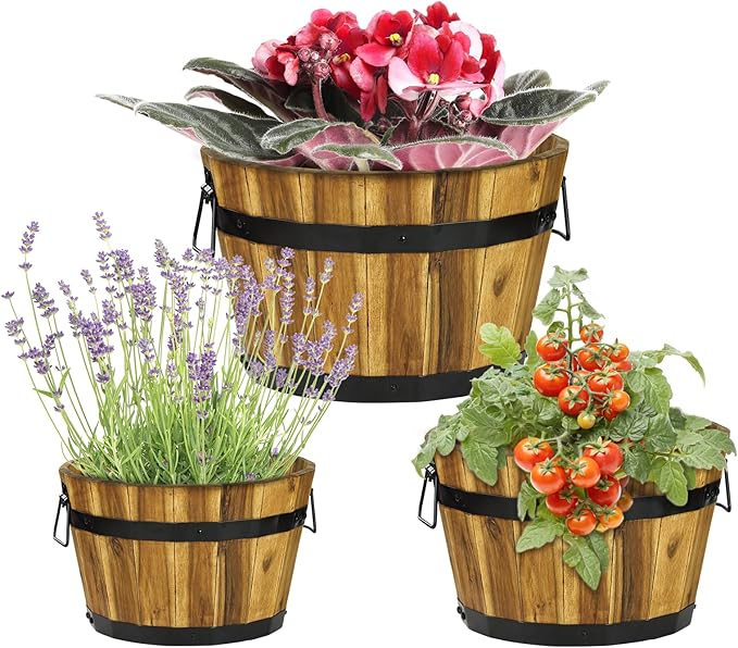 Idzo Set of 3 Wooden Flower Planters for Outdoor Plants Acacia Wood Barrel Planters Ergonomic Handles Drainage Holes Various Sizes Golden Teak