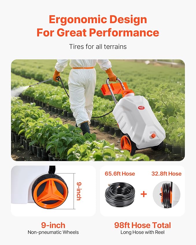 VEVOR Battery-Powered Sprayer with Wheeled Cart 10 Gallons Electric Weed Sprayer Adjustable 0-80 PSI Yard Lawn Sprayers with Wheels 5 Nozzles &amp 98ft Hose 3-6H Spray Time for Weeding Cleanin
