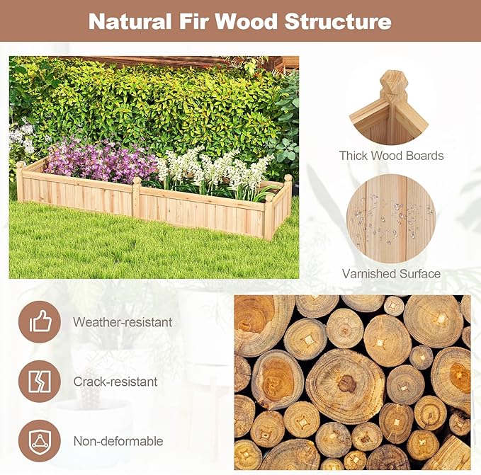 Giantex Wood Raised Garden Bed Planting Bed with Corner Drainage Non-Woven Liner for Growing Vegetables Flowers Herbs Fruits 89”x23.5”x16” Divisible Planter Box for Backyard Garden Lawn