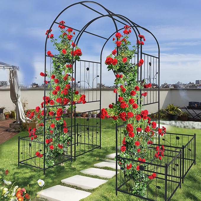 Outdoor Metal Garden Arch 79.5''W x 86.6''H Garden Arch Trellis for Climbing Plants with Two Side Planter Stand for Rose Morning Glory Jasmine