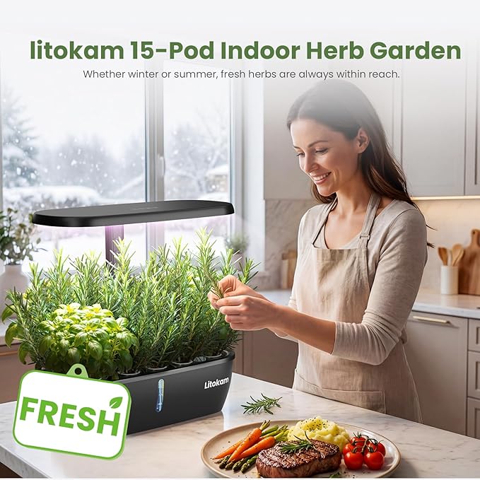 litokam Hydroponics Growing System Kit 15 Pods Indoor Herb Garden with Smart APP &amp Quiet Pump 24W LED Light Auto Timer Perfect Indoor Garden for Herbs Vegetables &amp Flowers Ideal for Plan