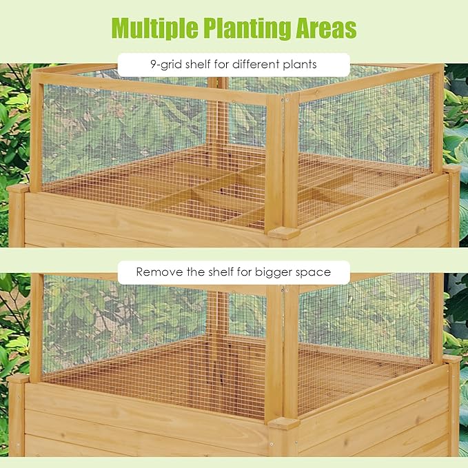 Giantex Raised Garden Bed with Fence Wood Planter Raised Bed with Critter Guard Fence 9 Grids Plant Container Outdoor Plant Box for Garden Patio Backyard Balcony (42 Lx42 Wx32.5 H)