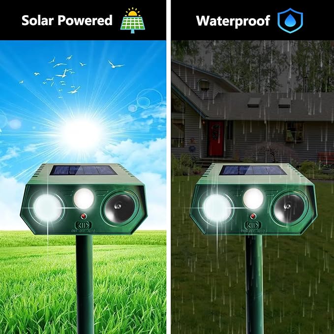 4 Pack 2026 Solar Animal Repeller Outdoor Ultrasonic Cat Repellant Deer Repellent Devices Waterproof Animal Deterrent Motion Activated for Squirrel Rabbit Skunk Raccoon Dog with Flash Light for Lawn