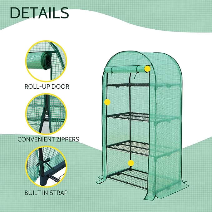 EAGLE PEAK 4-Tier Mini Greenhouse Portable Green House with Shelves &amp Weather-Resistant PE Cover Small Greenhouse for Seedlings &amp Gardening Gifts 32x18x63 in Clear/Green