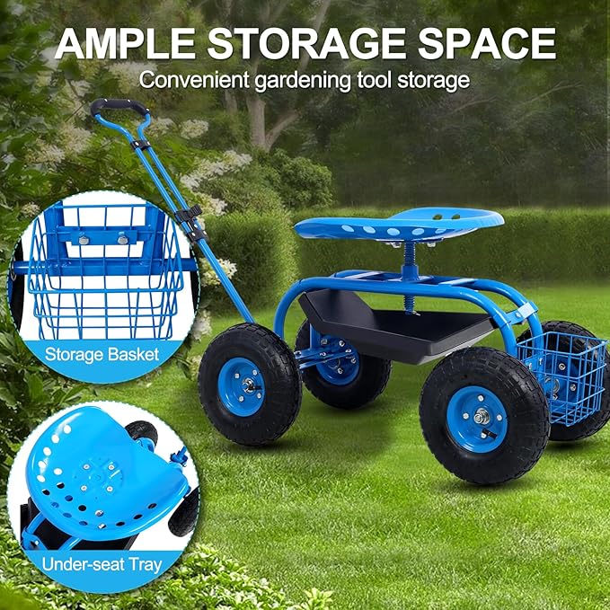 Donext Garden Cart Outdoor Rolling Garden with Wheels 360 Degree Swivel Seat Wagon Scooter with Steering Handle &amp Utility Tool Tray Blue