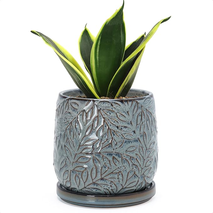 D'vine Dev 5 Inch Embossed Leaves Stoneware Planter Pot with Drainage Hole and Saucer Graphite Blue 27-A-V-9