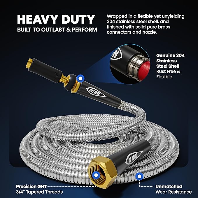 TITAN Garden Hose 30FT - 304 Stainless Steel Metal Water Hose Flexible Kink-Free Lightweight Durable Crush Resistant Fittings Easy to Coil 500 PSI