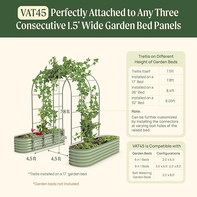 Vego Garden Modular Arched Trellis System 4.5' Long Trellis for 6 in 1 or 3.5' x 6.5' (9 in 1) Garden Bed for Climbing Plants Like Cucumber Beans Tomatoes &amp Vines (Garden Beds Not Included)