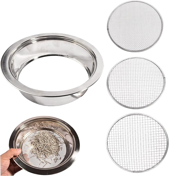 Garden Sieve Soil Sifter Removable Garden Sieve with Interchangeable 3/6/9mm Mesh Stainless Steel Soil Sieve 9.4 Dia. Sand Sifter for Sifting Soil Stones Compost.
