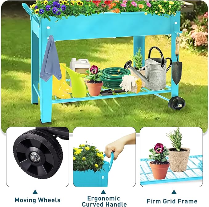 Raised Planter Box Beds with Wheels Legs Elevated Garden Bed for Indoor Outdoor Large Metal Mobile Planter Box with Bottom Shelf for Storing Tools for Vegetables Flower Herb Patio(Blue)