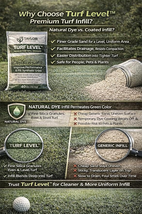 Turf Level™ Premium Artificial Turf Infill Sand – Finer Grade Silica Eco-Dyed Baked-in Color Pet-Safe Synthetic Grass Infill – 40 lbs