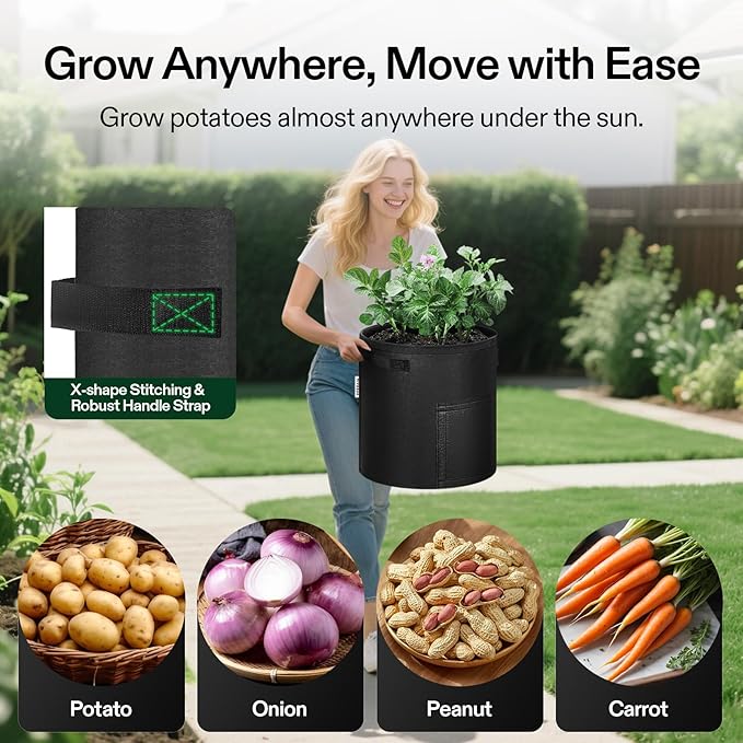 VIVOSUN 5-Pack 7 Gallon Potato Grow Bags Fabric Pots With Handle and Roll-up Window Planter Containers for Growing Potatoes Black