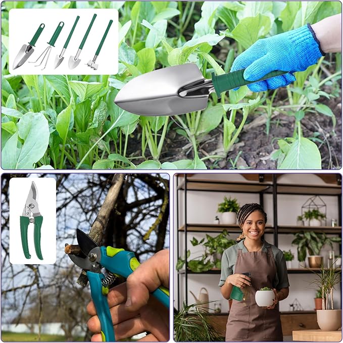 HARFINGTON 1 Set Garden Tool Set 10 Pieces Plastic Gardening Planting Tools Kits with Shovels Rake Scissor Trimmer Water Sprayer and Store Case Green