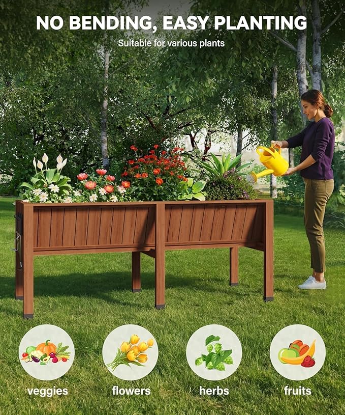 Elevated Wood Planter Box with Leg &amp HOOKS - 72x26x30 Inch Raised Garden Bed Includes Non-Woven Liner 13.7in Depth for Vegetables &amp Herbs Outdoor Patio Raised Planter. (6x2x2.5 Ft) Brown