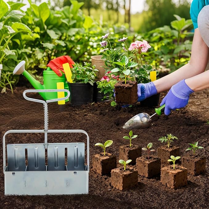 Soil Block Maker 6-Piece Set Includes 2-Inch 4-Cell And 3/4-Inch 20-Cell Soil Block Makers 3 Types Of Seed Pins Growth Tweezers Handheld Tools For Seed Starting In Greenhouse Garden And Farm Use