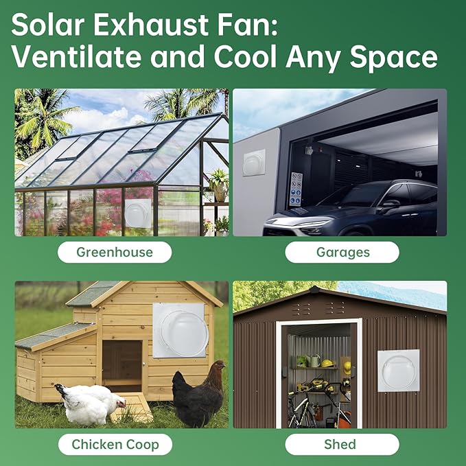 Solar Powered Exhaust Fan with Battery 25 W Waterproof Solar Panel 8 Inch Ventilation Vent Fan Solar Fan for Greenhouse Chicken CoopShed Garage Attic Barn Workshop14.8ft Cable5000mAh Battery