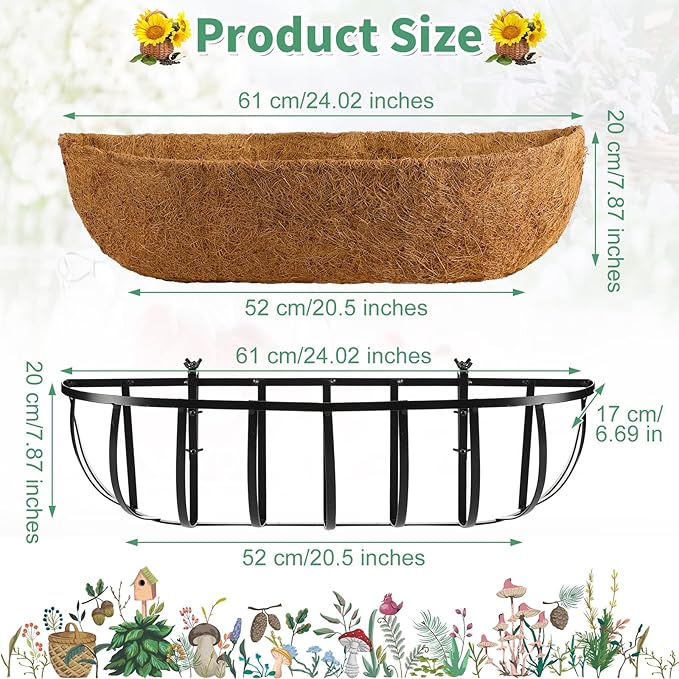 Tessco for you 6 Pieces Railing Planter Boxes 24 Inches Window Box Planters with Coco Liner and Adjustable Brackets for Deck Porch Fence Patio Balcony Gardening Outdoor Plants