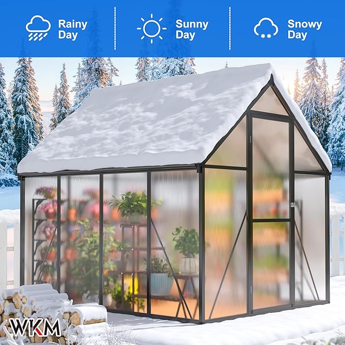 WKM 5.8x7.3 FT Greenhouse for Outdoors Quick-fit Structure Polycarbonate Greenhouse with Window for Ventilation Walk-in Aluminum Green House for Outside Garden Backyard Black