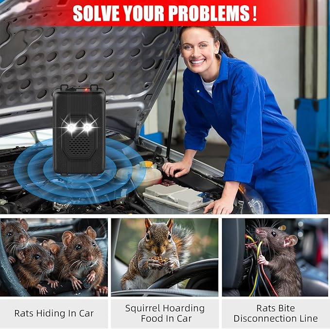 2 Pack Rodent Repellent for Car EnginesMouse Repellent for Cars Engine LED Light Deterrence and Ultrasonic Repellent Plug in&ampBattery Powered Suitable for Cars Garages Warehouses
