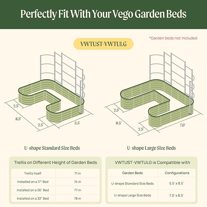 Vego Garden Modular Wall Trellis System Standard Size U-Shaped Garden Beds (Garden Beds Not Included)