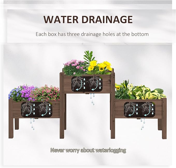 Raised Garden Bed with 3 Planter Box Elevated Wooden Plant Stand with Drainage Holes for Vegetables Herb and Flowers Coffee