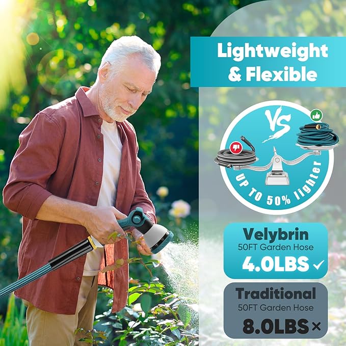 Garden Hose 50ft Non-Expanding Water Hose Ultra Lightweight Kink-Free Sturdy Flexible Abrasion Resistant Hose for Yard Lawn Outdoor Marine and Camper