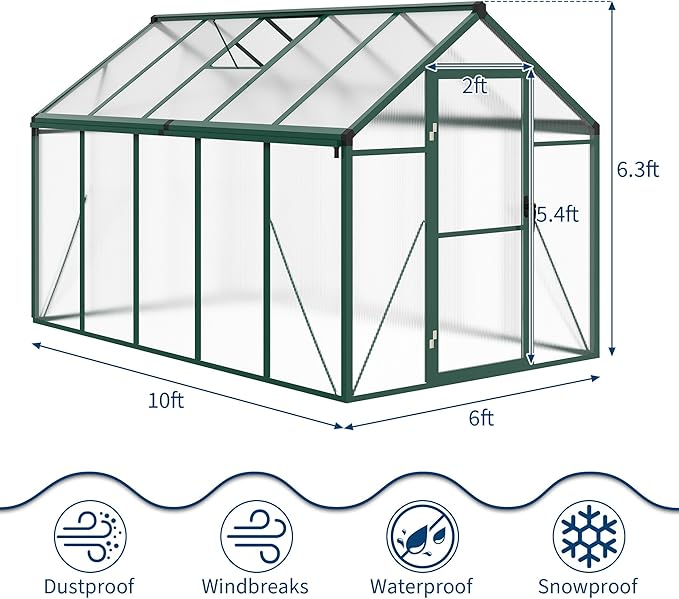 6 X 10 FT Greenhouse Outdoor Greenhouses Polycarbonate Panels with Aluminum Frame Adjustable Roof Vent and Lockable Door Green Houses for Outside Backyard Garden Patio