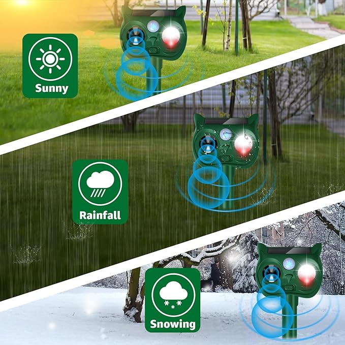 Solar Ultrasonic Animal Repellent Outdoor Motion Sensor Deer Repellent Devices Squirrel Cat Raccoon Rabbit Deterrent with Strobe Light Dual Mode Keep Skunk Away Protection for Yard Garden Lawn 2PCS