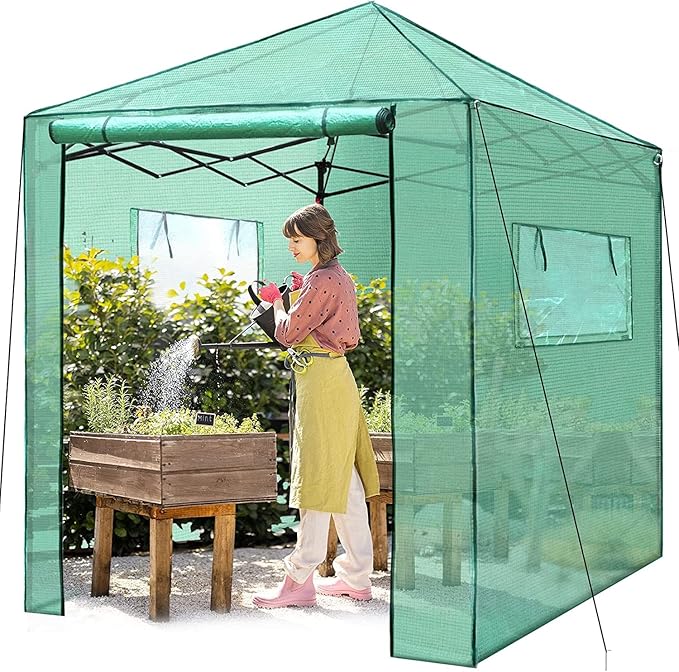 PexFix 8'x 8' Portable Walk-in Greenhouse for Outdoor &amp Indoor Easy to Assemble Pop up Grow Greenhouses with Sturdy PE Cover and Roll-Up Windows &amp Door for Flowers Fruits Herbs Growing