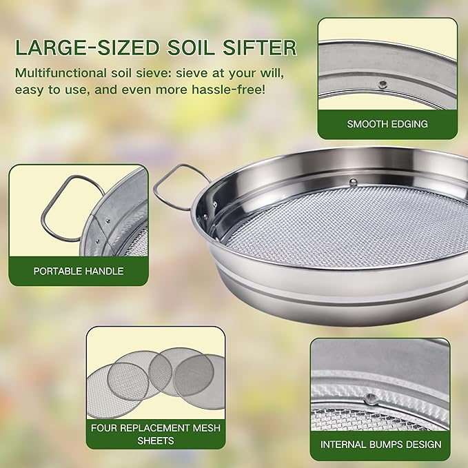 14.5“ Soil Sifter for Gardening with Handles Large Rock Sifter with 4 Replaceable ScreensCompost Sifter Dirt Sifter Captures Dirt Rocks Sawdust