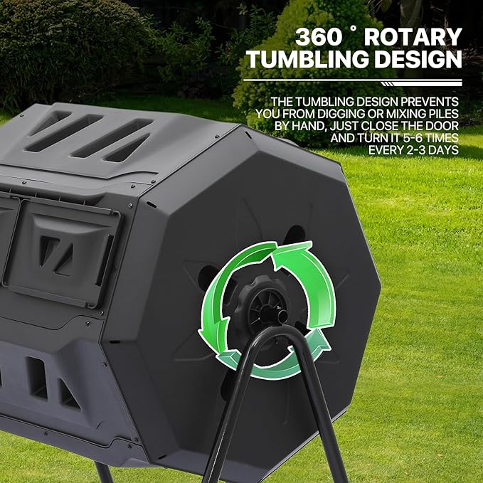 MoNiBloom 43 Gallon Compost Tumbler Outdoor BPA Free Large Dual Chamber Tumbling Compost Bin All-Season Fast Working Tumbling Composter High Volume Composter with 2 Sliding Doors